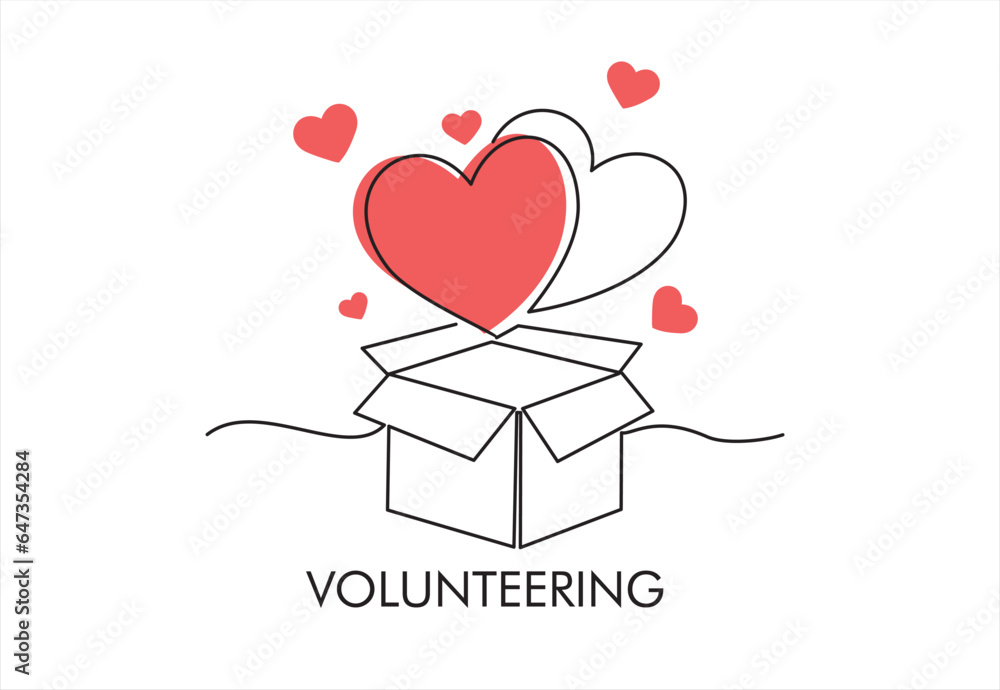 Poster continuous one line drawing of donate box with heart. concept of help support and volunteer activity