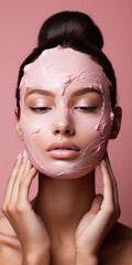 A beautiful young girl applies a berry pink cosmetic face mask. pink background. Generative AI