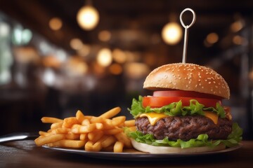 hamburger with french fries with bokeh background - obrazy, fototapety, plakaty