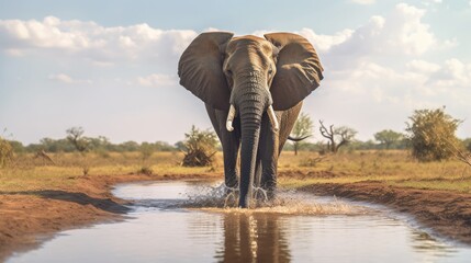 Fototapeta na wymiar An African elephant walks swinging its trunk over a puddle of water