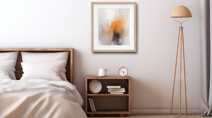 bedroom design empty photo frame mock up interior inspiration, white beroom, frame, desk, Generative AI