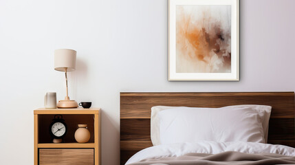 bedroom design empty photo frame mock up interior inspiration, white beroom, frame, desk, Generative AI