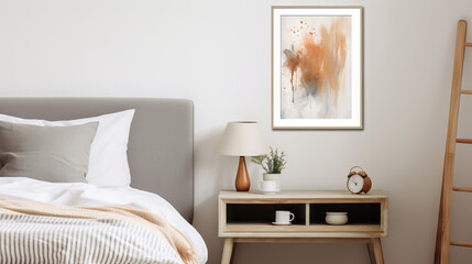 bedroom design empty photo frame mock up interior inspiration, white beroom, frame, desk, Generative AI