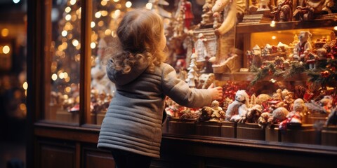 A little girl stands in front of a toy store and looks out the window on Christmas Eve.