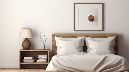 Fototapeta na wymiar Minimalist bedroom interior with a white frame mockup on the wall, Generative AI