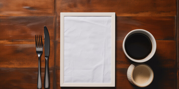 Top View Of A Menu Lying On A Table In A Cafe. Mockup For Text