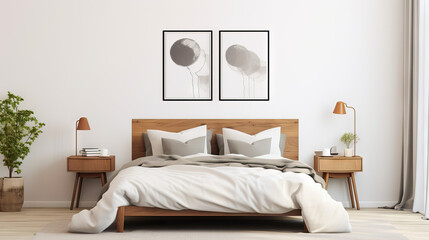 Fototapeta na wymiar Minimalist bedroom interior with a white frame mockup on the wall, Generative AI