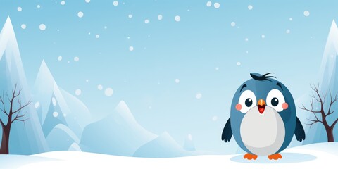 Cute funny penguin on blue background, winter, illustration. Place for text. Generative AI