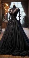 Luxurious black dress on a mannequin near the window. Handmade. Generative AI