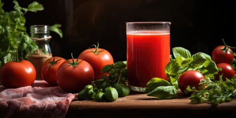 Tomato juice in glass, delicious ripe tomatoes on the table. Harvesting. Generative AI