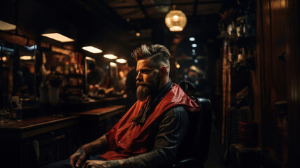 Obraz na płótnie Canvas Portrait of a bearded man sitting in a barber shop.