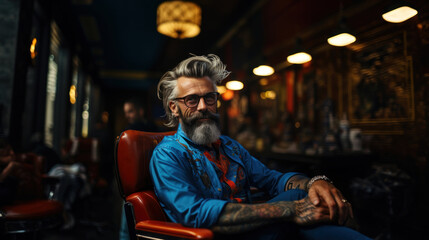 Handsome bearded hipster man in blue shirt sitting in a barber shop.
