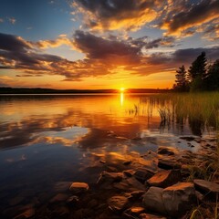 Beautiful summer sunset at lake