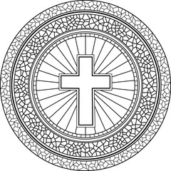 Religious stained glass mandala with cross, for printable christian coloring kids and adults