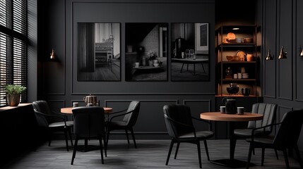 Simple and modern cafe with a dark concept, generated by AI