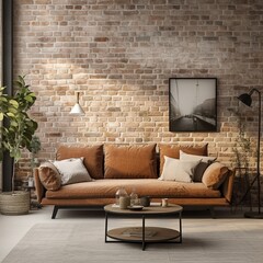 Chic couch within a Scandinavian-styled living room showcasing a brick wall