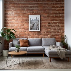 Contemporary couch in a Scandinavian-themed living space with a brick wall