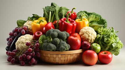 Assorted organic fruits and vegetables in basket isolated on tools background