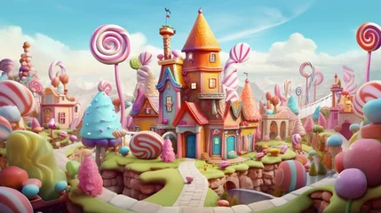 Deurstickers Create an image of a whimsical candyland with gingerbread houses and gumdrop trees © Wajid