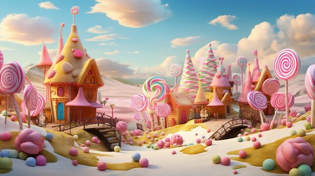 Create an image of a whimsical candyland with gingerbread houses and gumdrop trees