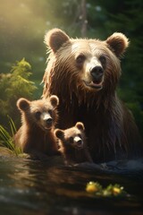 Mother Bear and Cubs in Tender Moments - AI Generated