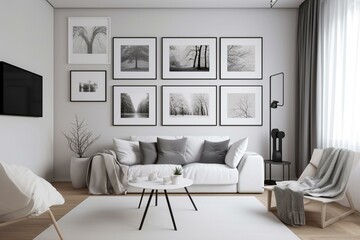 Contemporary living room with minimalistic white frame on the wall. Generative AI