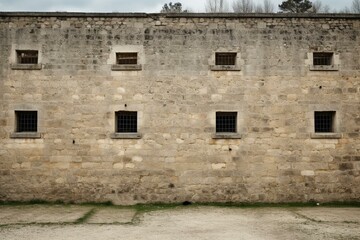 Fototapeta na wymiar Old fortification wall with three windows standing alone against a plain background. Generative AI
