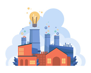 Idea factory generating gears and lightbulbs vector illustration. Cartoon drawing of industrial building with innovative idea or plan as huge bulb. Innovation, creativity, startup, industry concept
