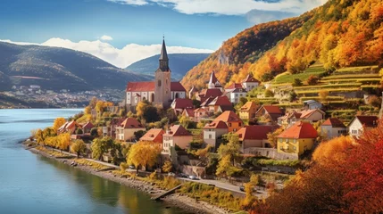 Poster Durnstein town in Wachau valley in autumn Austria © Wajid