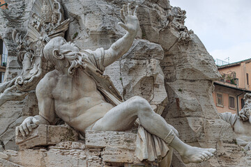 Fountain of the Four Rivers detail in Piazza Navona in Rome, Italy
