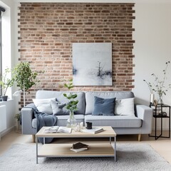Fresh sofa in a Scandinavian-themed living room with a brick wall