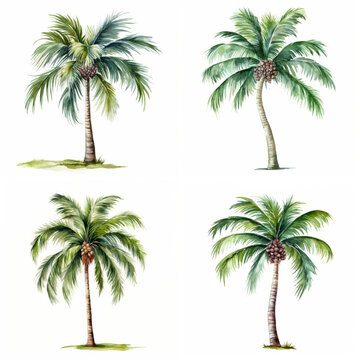 Set of watercolor cartoon palm trees on white background