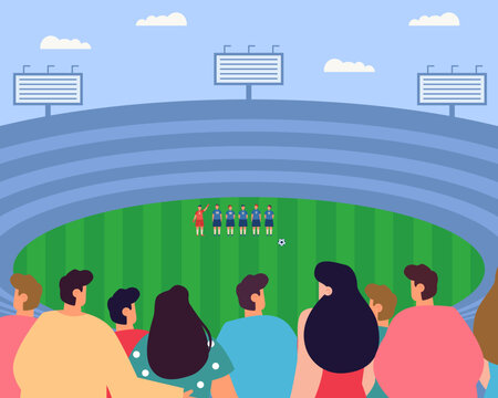 Spectators watching soccer match at stadium from tribunes. Back view of audience watching tournament or championship vector illustration. Sports, championship, soccer concept