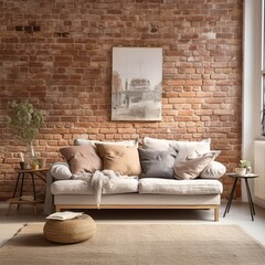 Fresh sofa in a Scandinavian-themed living room with a brick wall