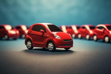 Group of compact vehicles. A car painted in red leading the fleet. Generative AI