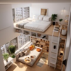 image of a small efficient studio apartment with clever space-saving solutions