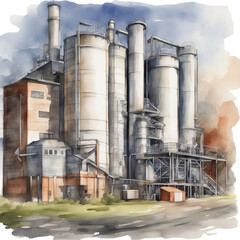 Industrial Factory Building - Watercolor Painting Drawing - Generative AI