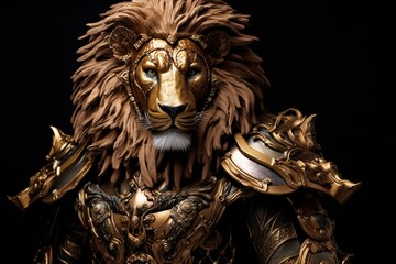 magnificent lion adorned in splendid golden armor. Generative AI