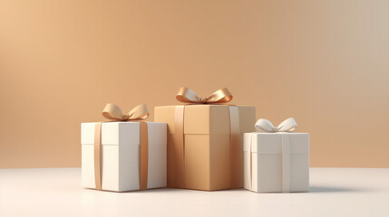 Festive Holiday Gifting: Studio Shot of Elegant Gold and White Gift Boxes with Craft Paper, Celebrating Christmas, Surprise and Sharing