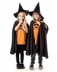 Two little girls in halloween costumes with pumpkins on white background