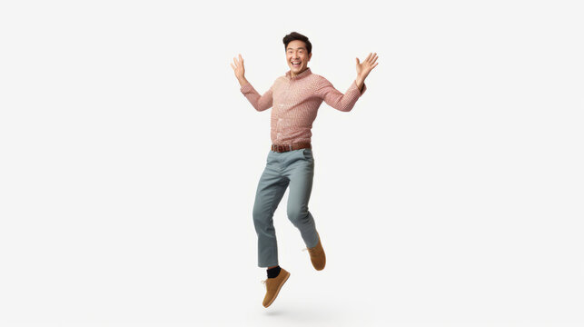 Cheerful asian man jumping and gesturing against white background