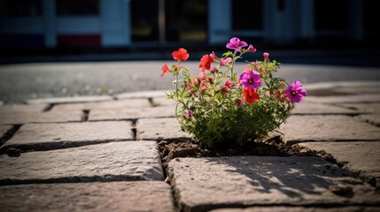 Urban Greening problems. The Challenges of Urban Green Spaces. Planning urban greening improve living conditions for city. Small flower bed in street of modern big city, metropolis