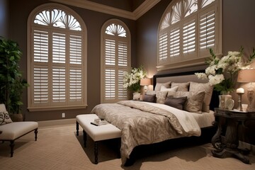 Focus on elegant indoor plantation shutters in bedroom. Generative AI - obrazy, fototapety, plakaty
