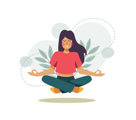 Woman meditating in calm. Concept illustration for  meditation and healthy lifestyle. Vector illustration Separated on a white background. 