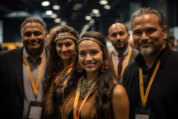 Obraz premium Indigenous language advocates gathering at a conference to discuss preservation strategies. Generative Ai.