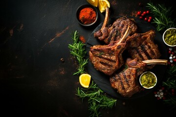 Grilled lamb chops and mutton cutlets on board with dark background. Top view. Generative AI