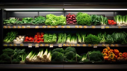 Fotobehang many vegetables on shelves in a supermarket, generative ai  © vvalentine