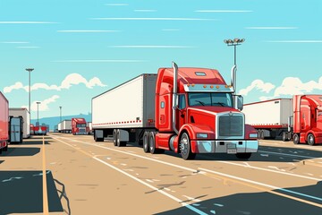 Fototapeta na wymiar Bright red large truck pulling long trailer in truck stop lot with directional arrow and row of other trucks. Generative AI