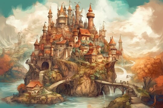 Illustration depicting a charming castle surrounded by fantastical scenery. Generative AI