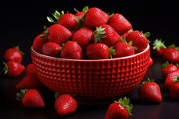 red strawberries in a bowl on a table, generative ai 